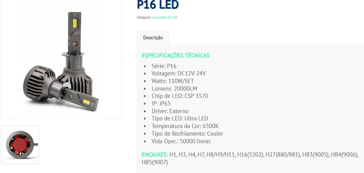 Lâmpada Led P16 H8H9H11 Wintech